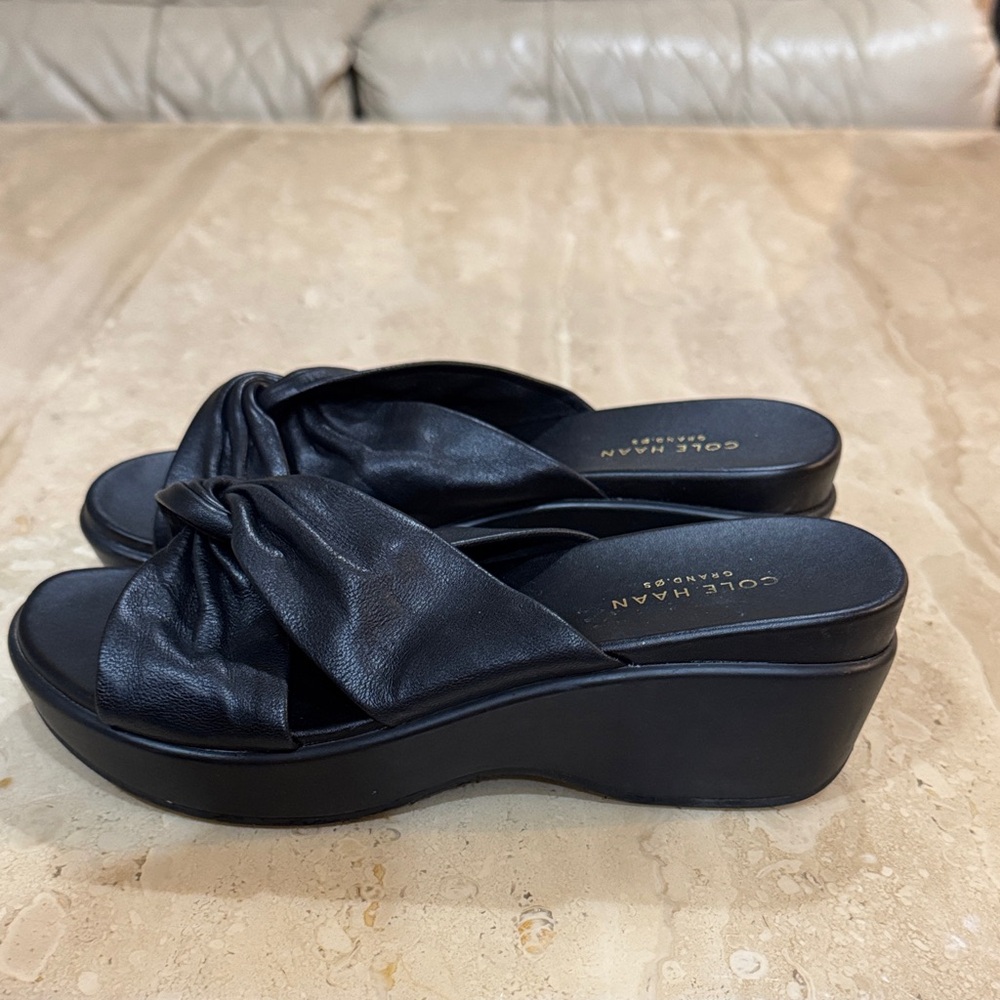 Cole Haan Black Knotted Leather Wedge Slide Sandals